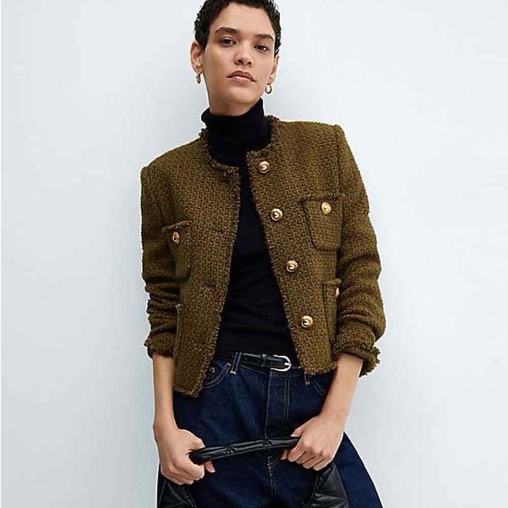 NWOT - Mango Olive Tweed Jacket with Gold Buttons